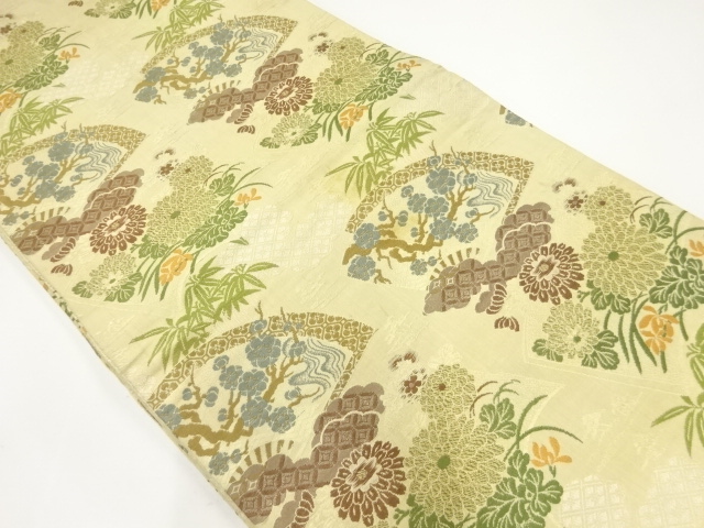 アンティーク　扇に梅・菊模様織出し丸帯（材料）